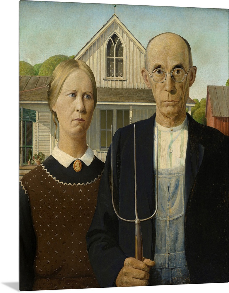 American Gothic, 1930 (originally oil on beaver board) by Wood, Grant (1891-1942).