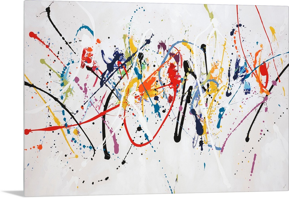 Fun, contemporary painting of multi-colored paint splatters.