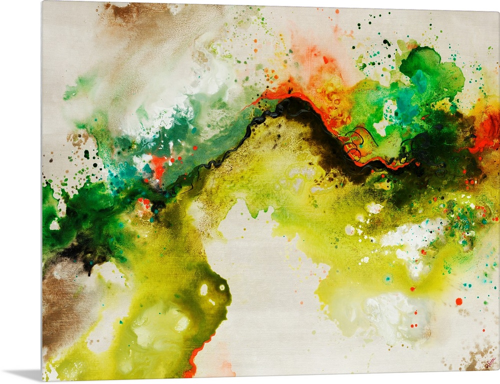 Abstract painting of a fluid green line over a neutral background adorned with multi-color paint splatters.