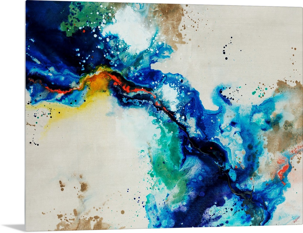 Abstract painting of a fluid blue line over a neutral background adorned with multi-color paint splatters.