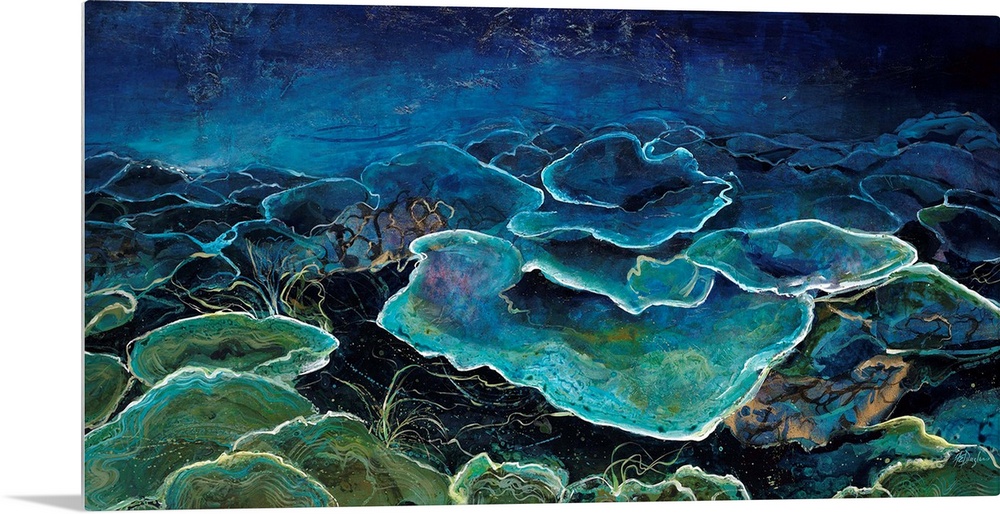 Contemporary underwater scene done in vibrant blue and green shades.