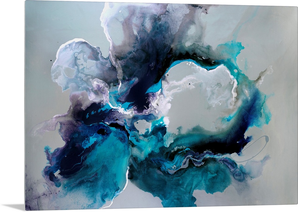 Horizontal abstract wall art of bleeding wet paint forming amorphous wet shapes.