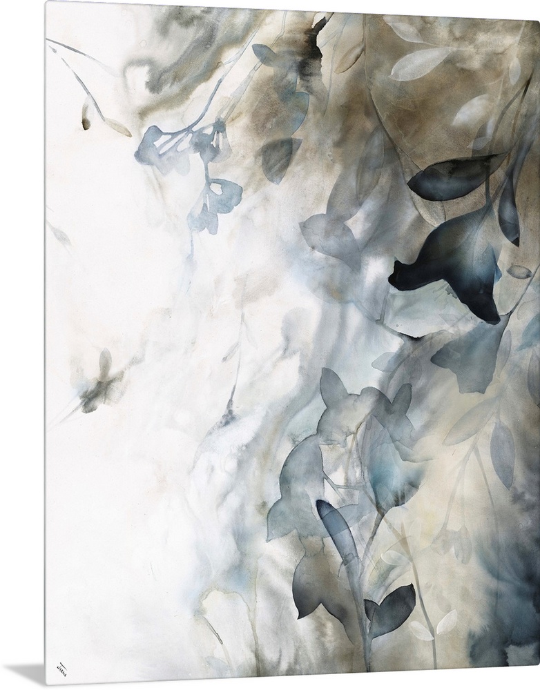 Dark toned silhouettes of flowers running along the right side of the canvas in blue and brown hues.