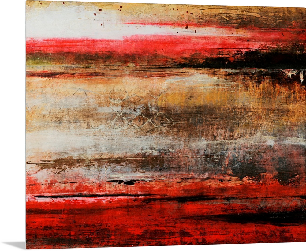 Abstract artwork painted with rich scarlet red and rich brown tones.