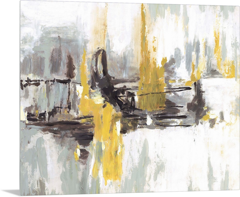 Contemporary abstract artwork in black and white embellished with bright yellow areas.