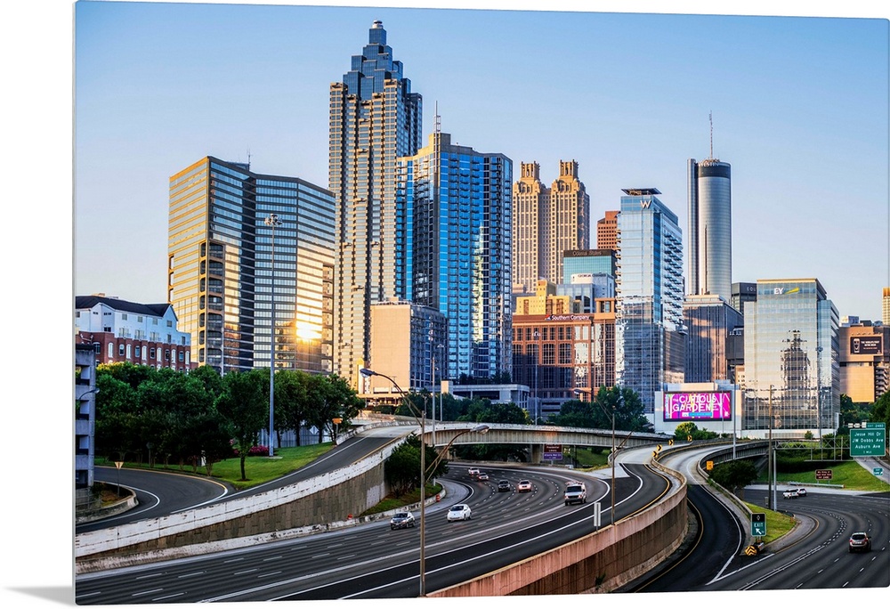 Morning sunlight reaching the skyscrapers of Atlanta, Georgia, see from the freeway.