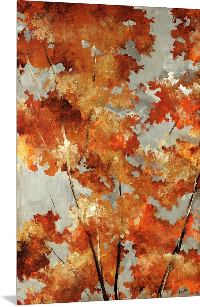 Painting of autumn leaves in varying fall shades from metallic gold to bright orange to burnt sienna.