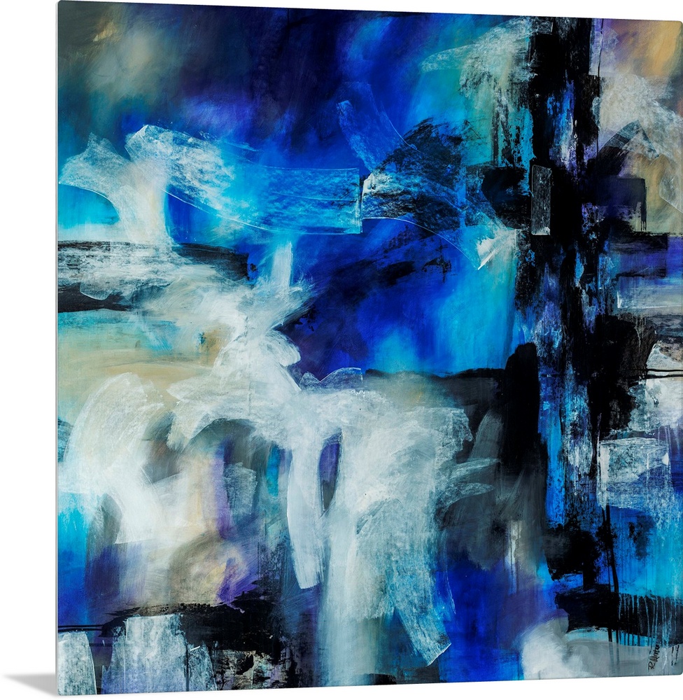 Abstract artwork painted with bright blue tones underneath thick black and white brushstrokes.