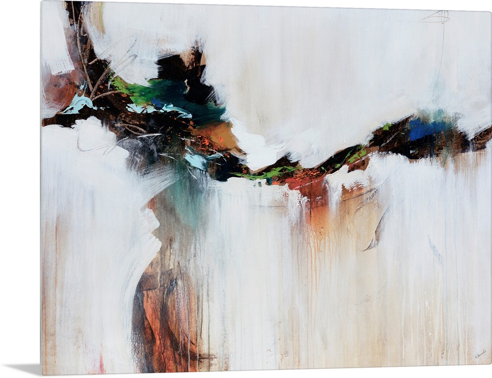 Earthly tones cut through the middle of ivory tones in this abstract painting.