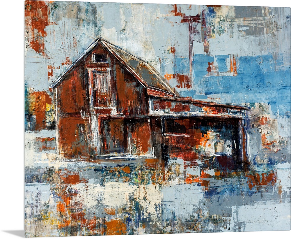 Abstracted artwork of a barn painted with rust colored browns that contrast beautifully with cool blue and gray tones.