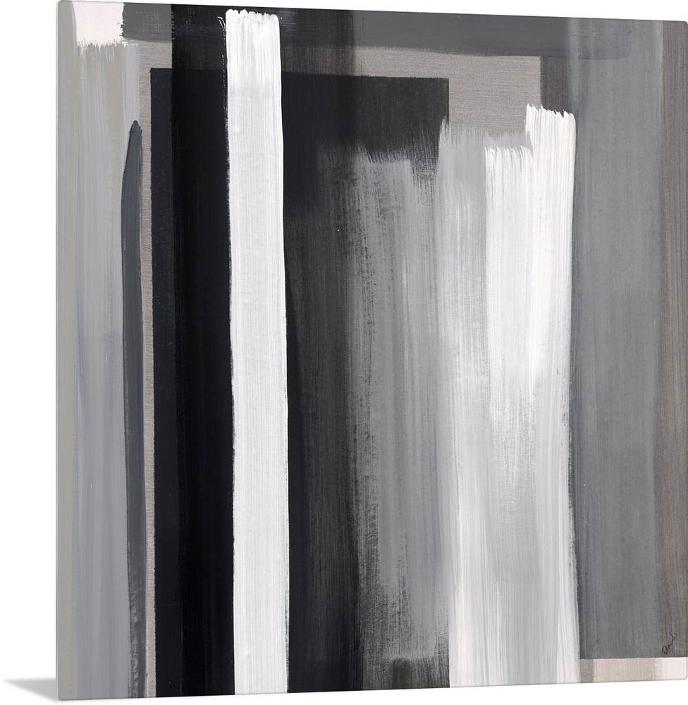 Abstract artwork of layered color blocks in white and black.