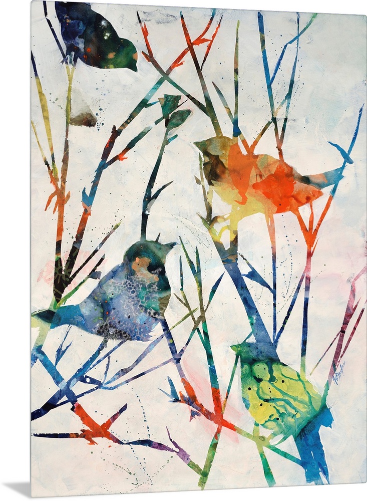 Contemporary art of four multicolored birds perched on bare tree branches that are vibrantly colored also.