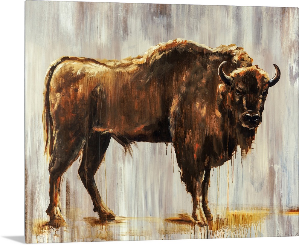 Contemporary portrait of a bison in front of a gray-streaked background.