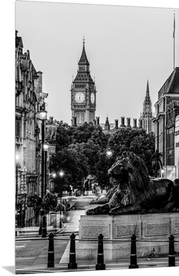 Black and White Trafalgar Square and Big Ben, London, England, UK