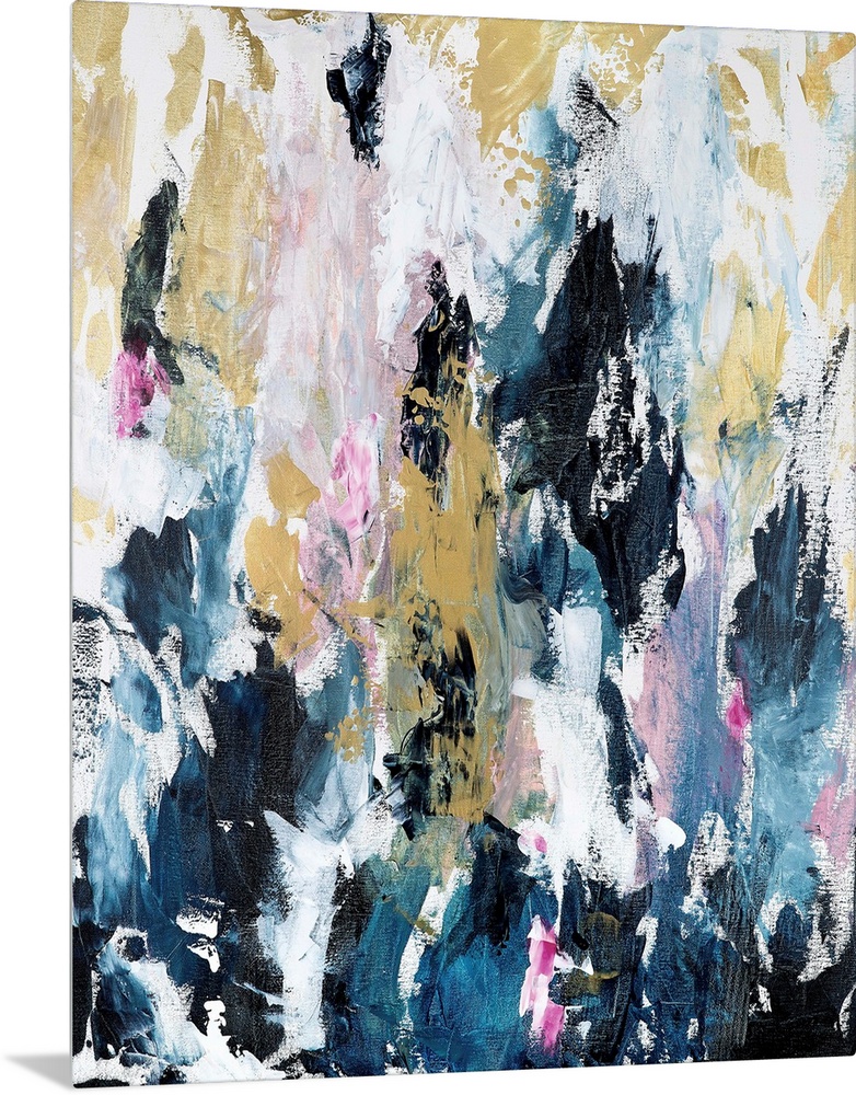 Vertical complementary abstract in short, textured, vertical strokes of blue, pink and gold.