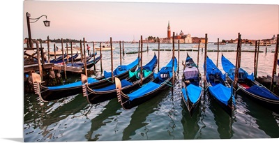 Blue Gondolas in a Row at Sunset, Venice, Italy, Europe