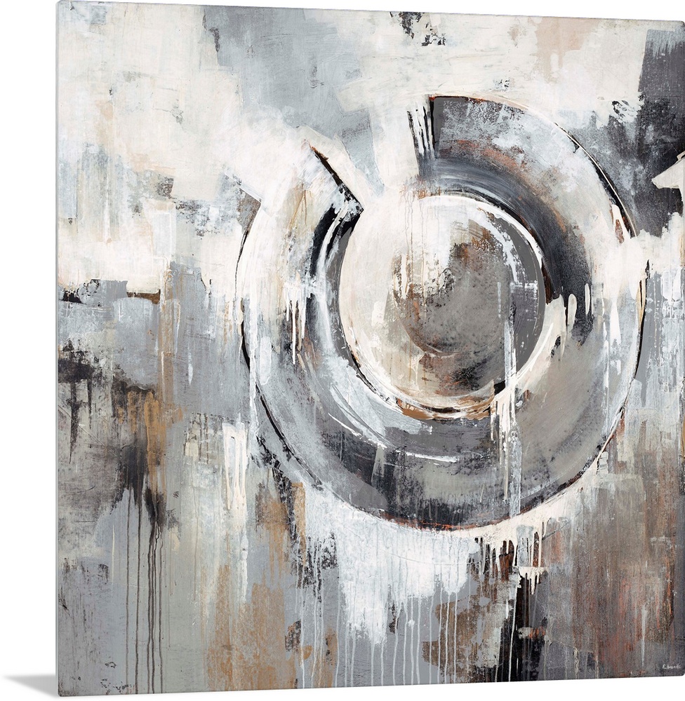 Abstract painting in neutral and earth tones of a large circular shape surrounded by dripping patches of contrasting colors.