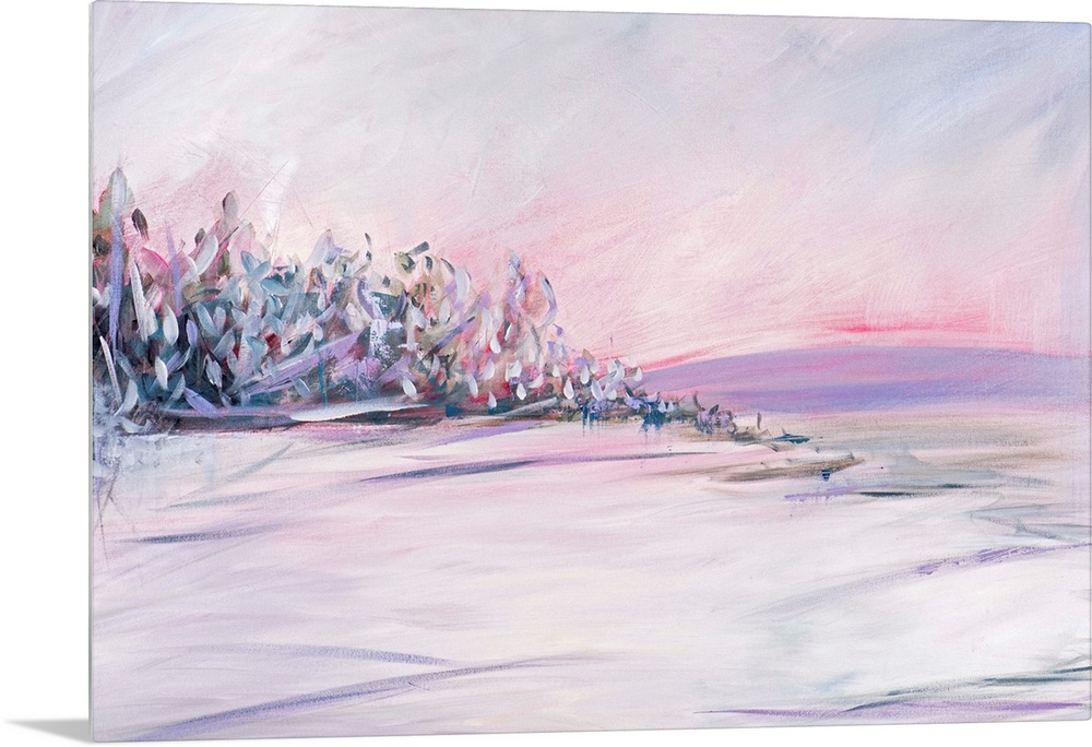Contemporary landscape painting of a snow-covered field with trees lining the edge.