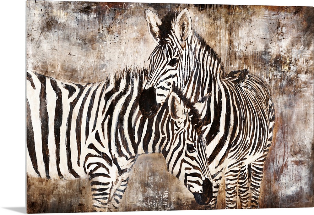 Contemporary portrait of two zebras embracing in front of an earth-toned background.