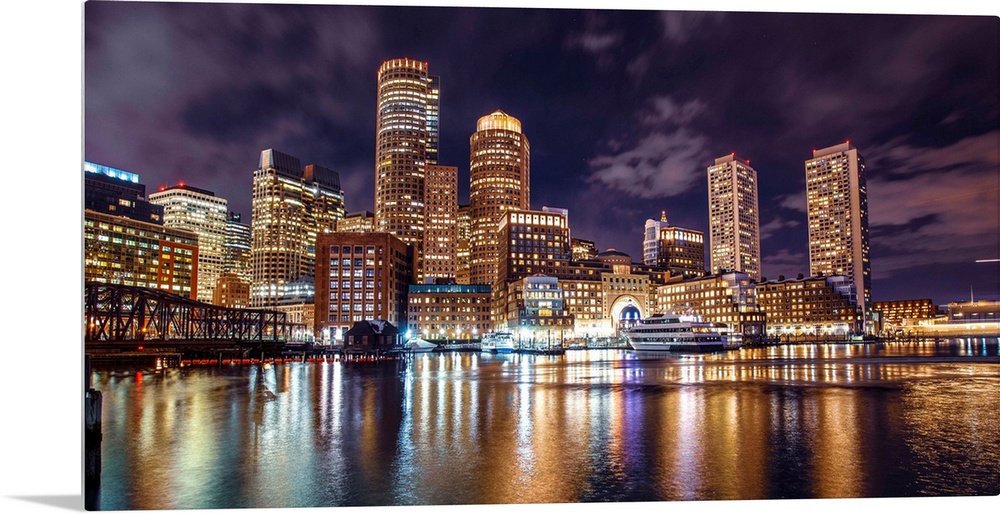 Photo of Boston city skyline and waterfront from the view of the Harborwalk.