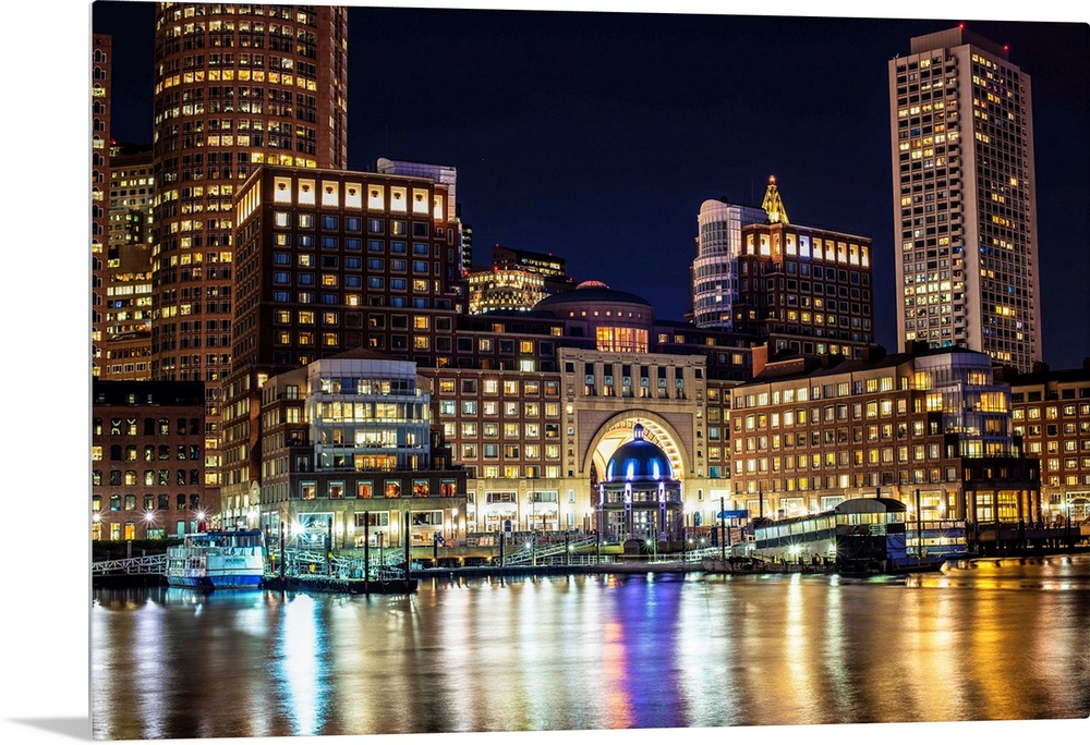 View of Boston city skyscrapers and the Marina at Rowes Wharf.