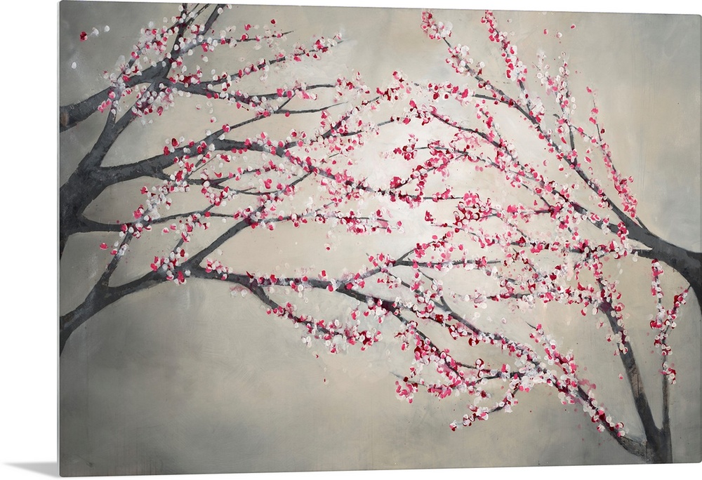 Contemporary painting of blossom covered tree branches on the right and left of the image, that appear to reach toward eac...