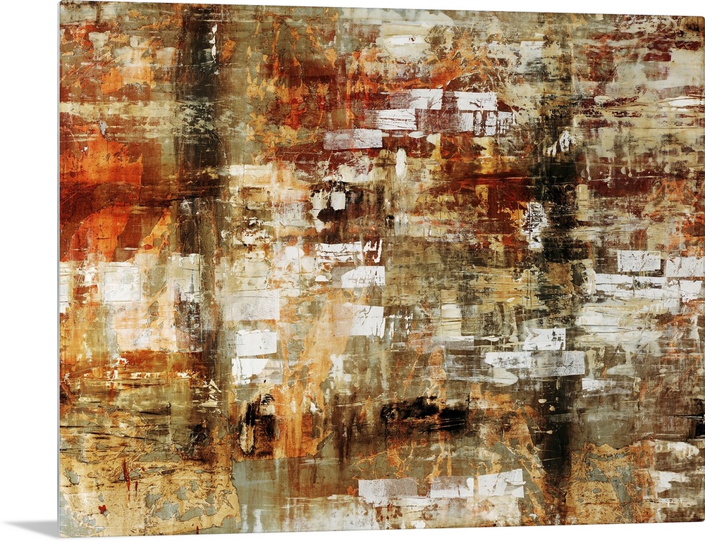 Grungy abstract painting of various earth toned colors on canvas.