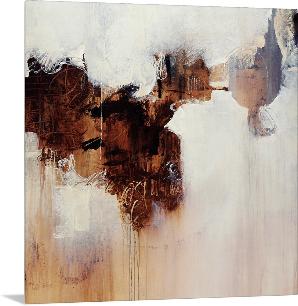 Abstract contemporary painting featuring white spaces swirling into a darker brown center, appearing to be made of rust an...