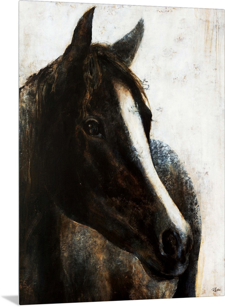 Contemporary painting of a black horse with a bold white stripe from it's forehead down to it's nose.