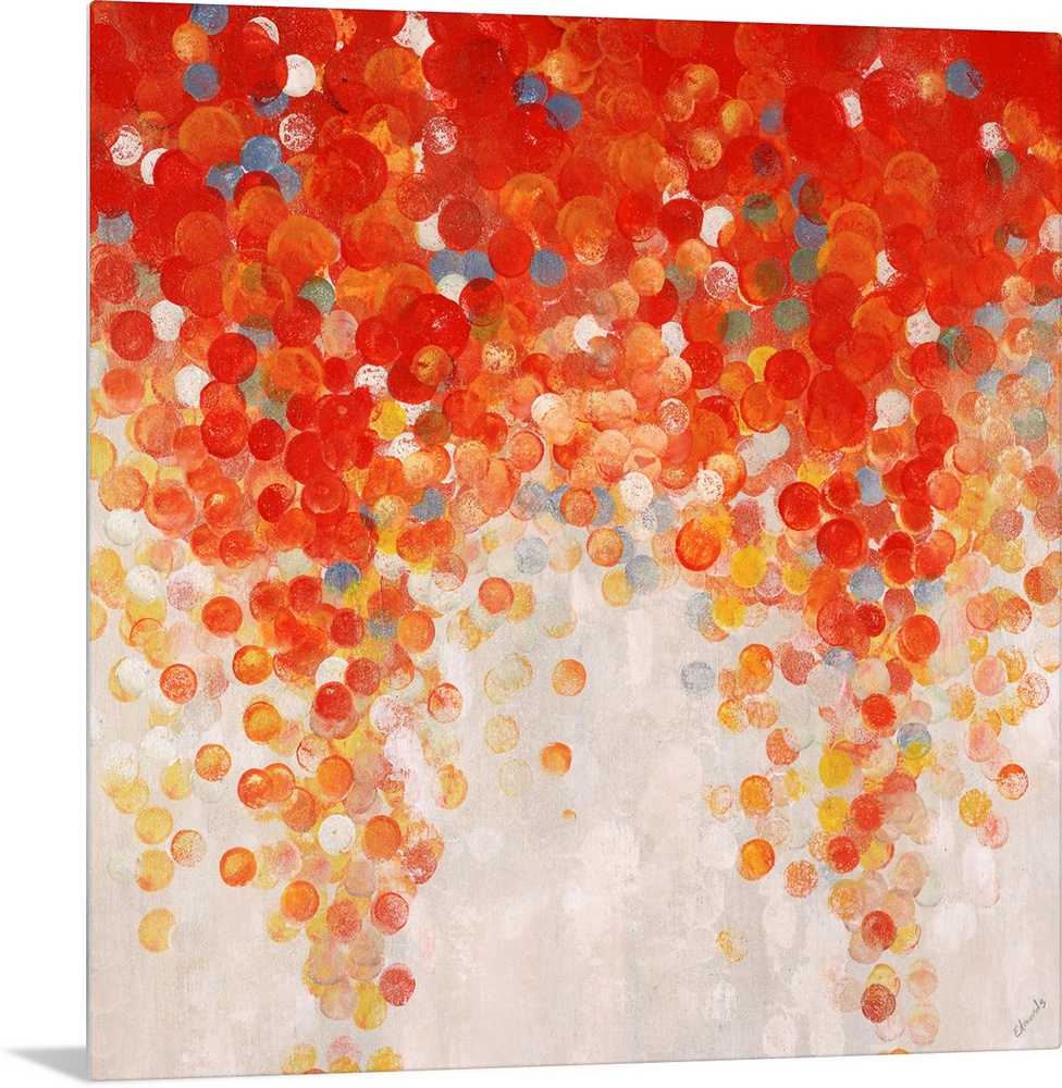 Abstract painting of a large cluster of gumballs in warm tones that appear to be raining downward, on a light neutral back...