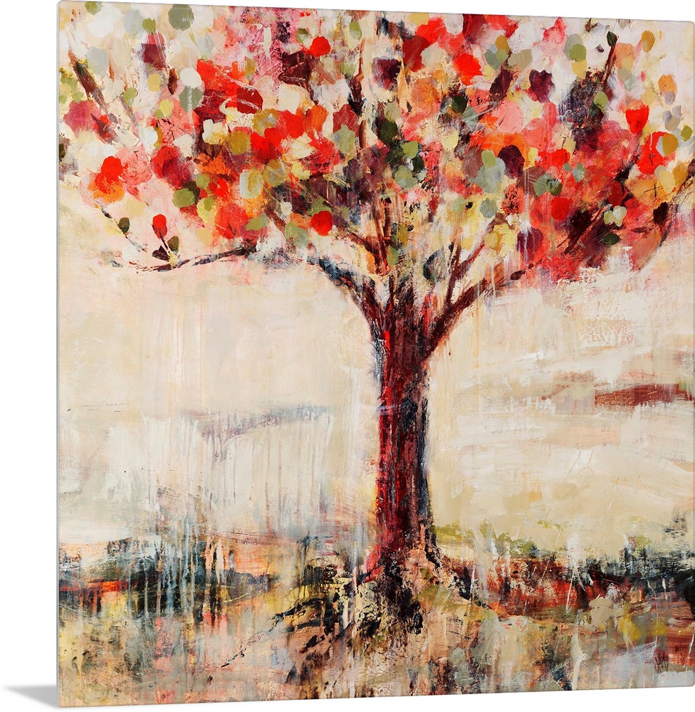 Abstract landscape painting feature a tree done in vibrant, candy-like colors.