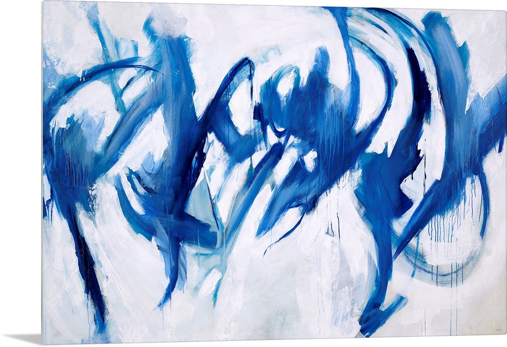 Abstract painting of royal blue paint splashes and swipes as if to give the appearance of figures dancing.