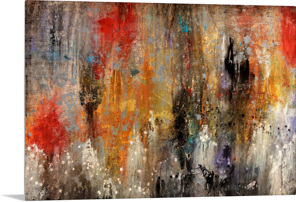 Contemporary abstract painting reminiscent of a mysterious and hazy cave, done with splatters and drips.