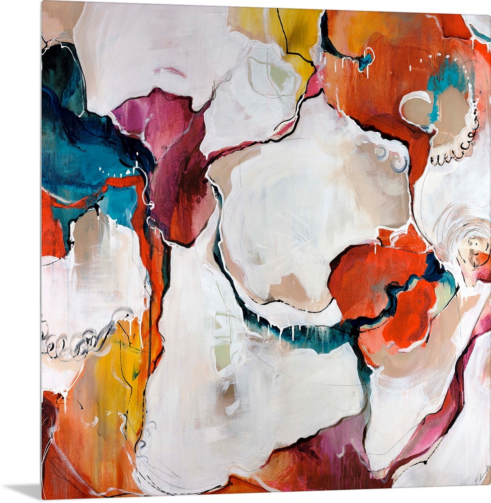 A colorful piece of square artwork that is abstract with creamy paint textures.