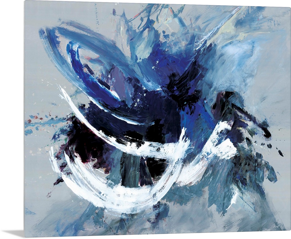 Contemporary abstract artwork in blue, black, and white in broad, fast brushstrokes.