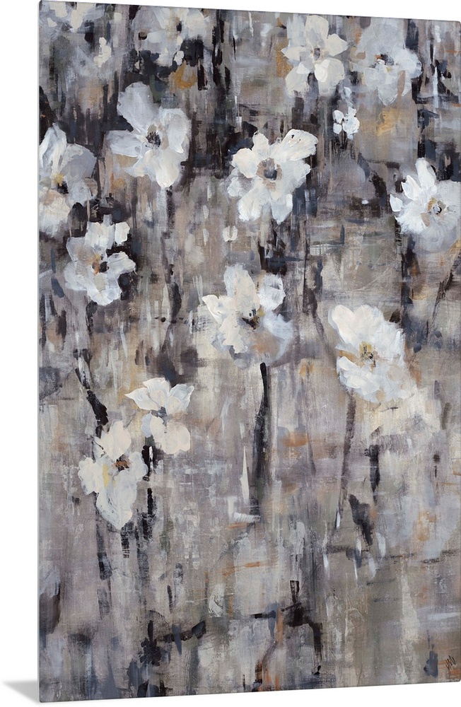 Contemporary painting of gray-toned florals.
