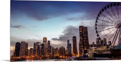 Chicago City Skyline with Ferris Wheel in Foreground, in the Evening