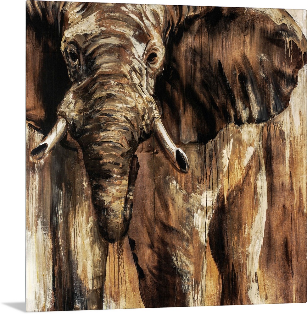 Up-close contemporary painting of elephant with streaks of running paint.