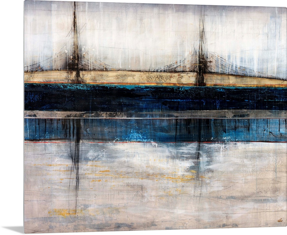 Abstract art piece depicting a bridge in a city spanning across a river.