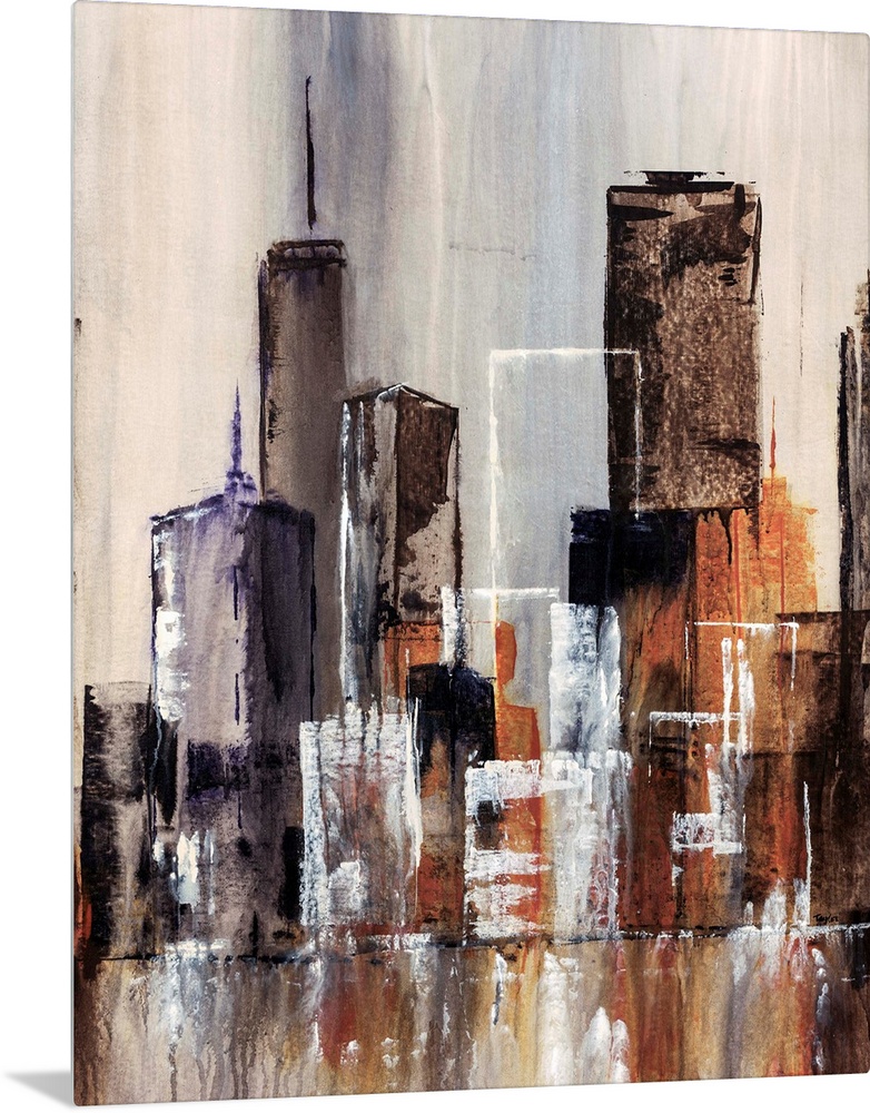 Contemporary abstract painting of cityscape and waterfront. The painting uses simple geometric shapes to create buildings ...