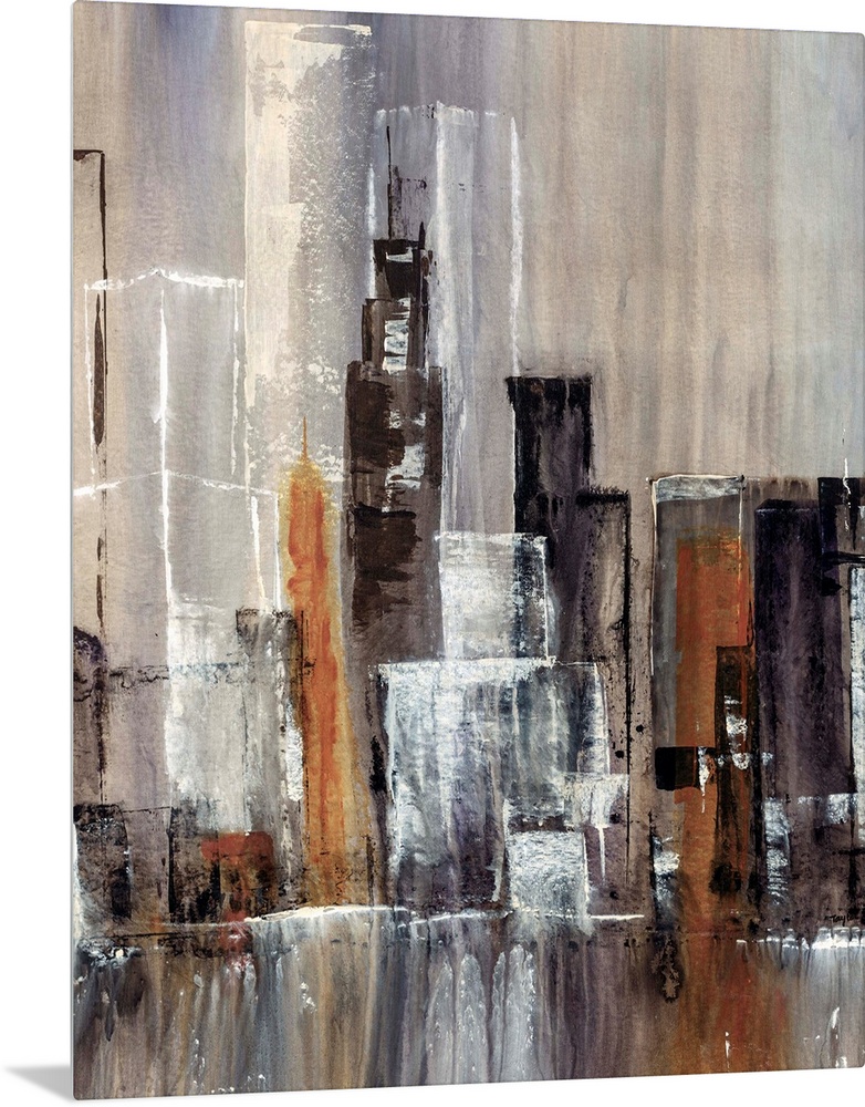 Contemporary abstract painting of tall city building and skyscrapers with waterfall in the foreground. The image is colore...