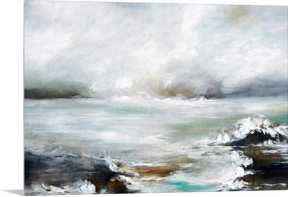 Contemporary artwork of a seascape with mild waves on a cloudy day.