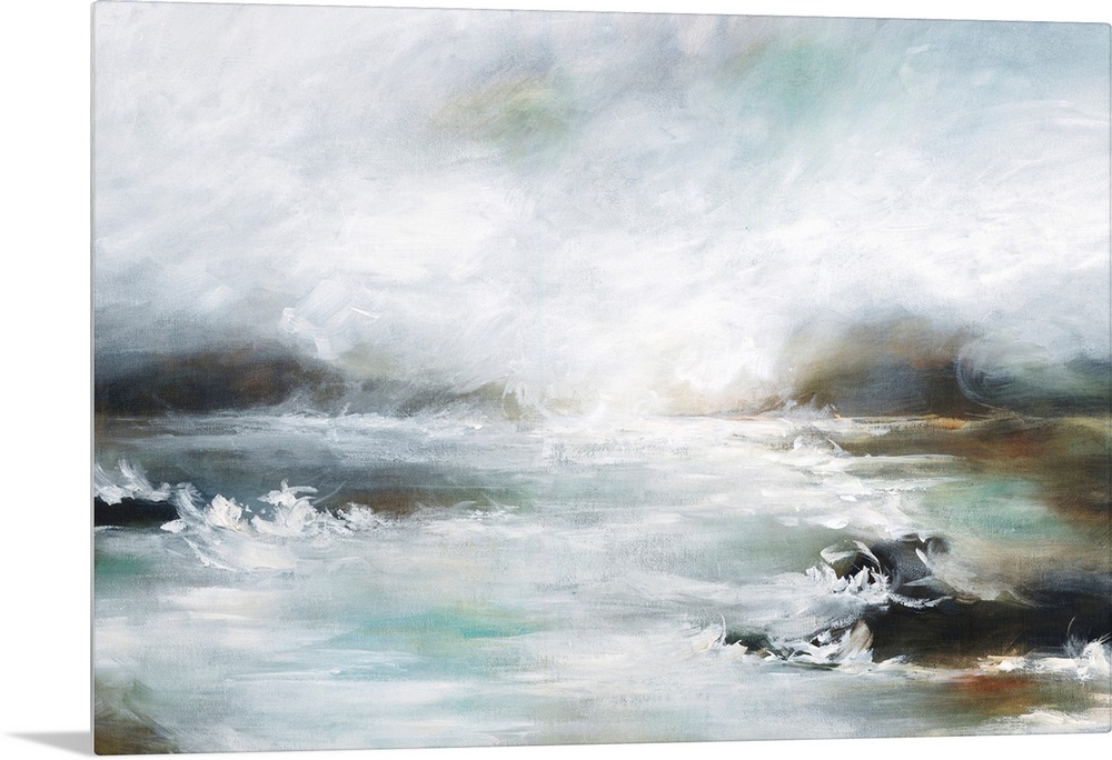 Contemporary artwork of a seascape with mild waves on a cloudy day.
