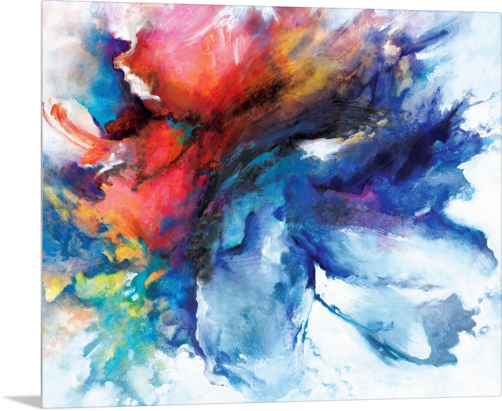 A contemporary abstract painting of a cloud-like formation of deep colors and brush strokes.