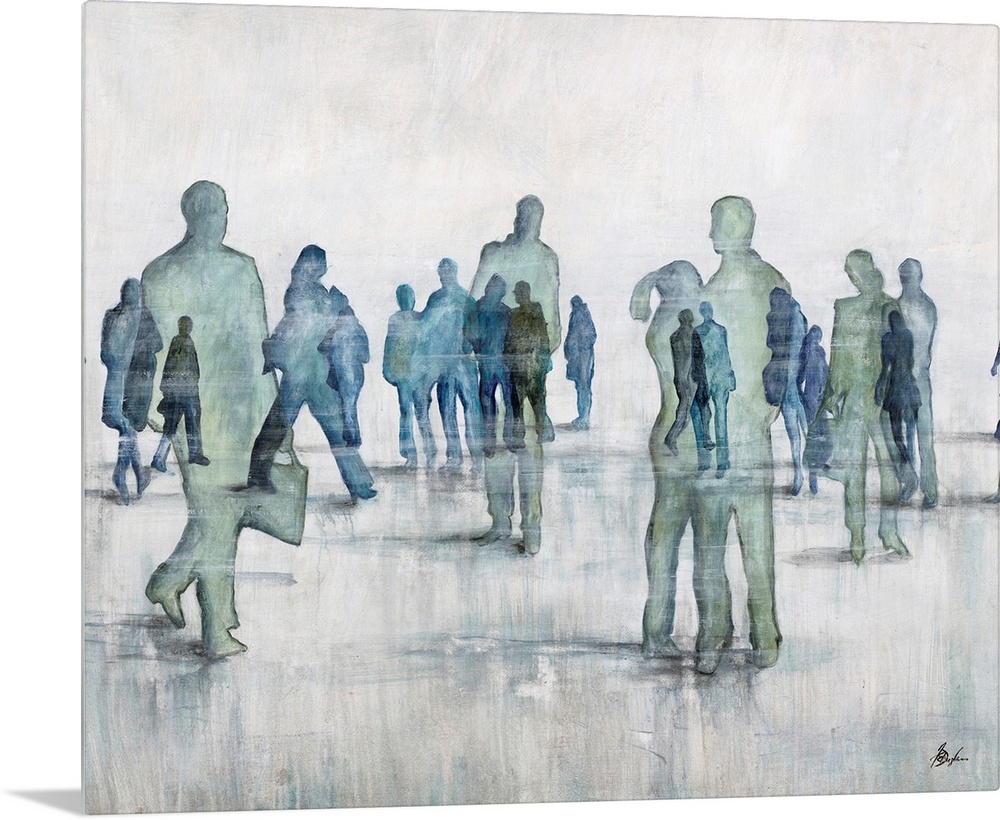 Contemporary painting of transparent figures in cool tones gathering.