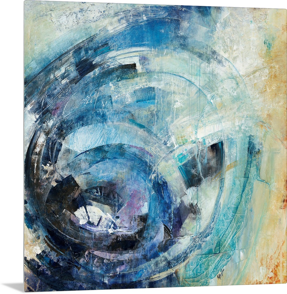 Contemporary painting of concentric circles in chades of blue with hint of purple.