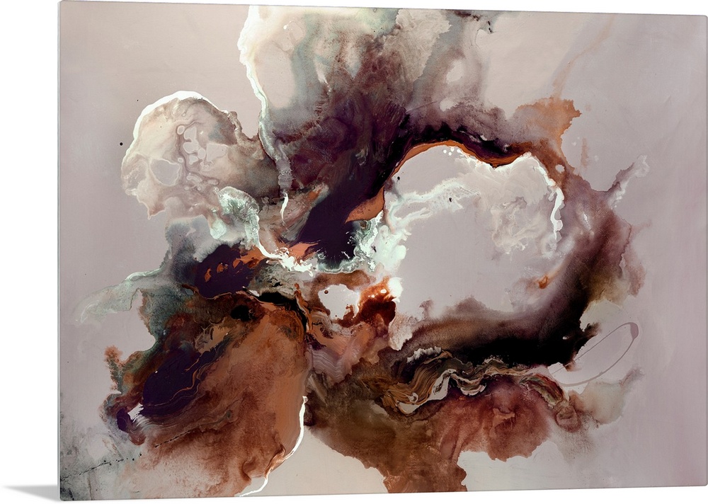 Horizontal abstract wall art of bleeding wet paint forming amorphous wet shapes.