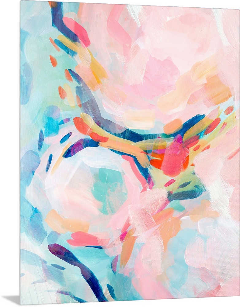 Contemporary abstract painting in yellow, teal, and pink.