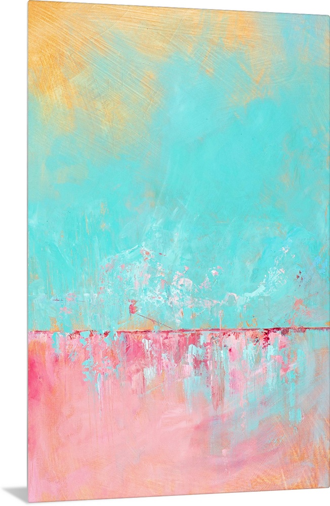 Contemporary abstract painting in yellow, teal, and pink.