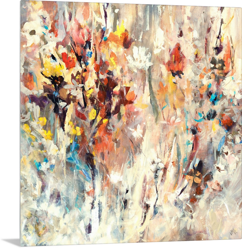 Contemporary painting of many bright flowers, seemingly jumping from the beige background, full of motion and splashes of ...